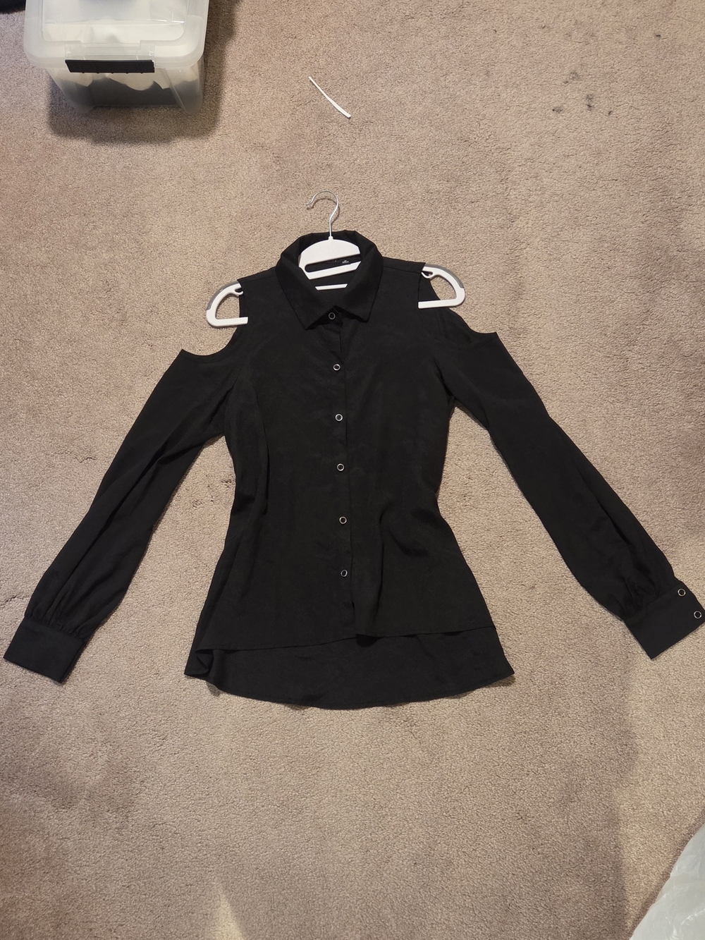 True Envy Black Shoulder Cut Button-Up Long Sleeve Collared Blouse